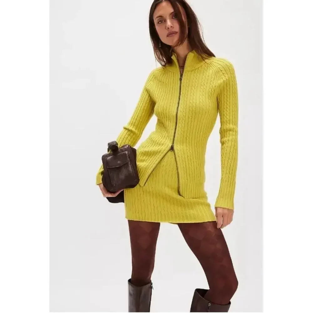 Free People Eliza Sweater Mini Skirt Set Yellow Lime NWT Medium - Picture 1 of 11